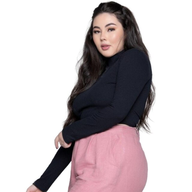 Cropped Canelado Gola Alta Serra e Mar Modas Manga Longa Costa Nua Moda Casual
