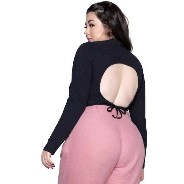 Cropped Canelado Gola Alta Serra e Mar Modas Manga Longa Costa Nua Moda Casual
