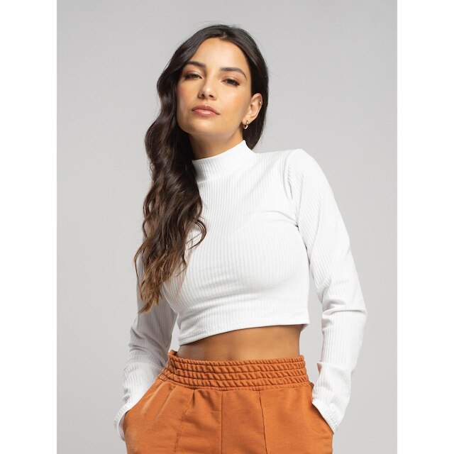 Cropped Canelado Manga Longa Gola Alta Blusa Feminina