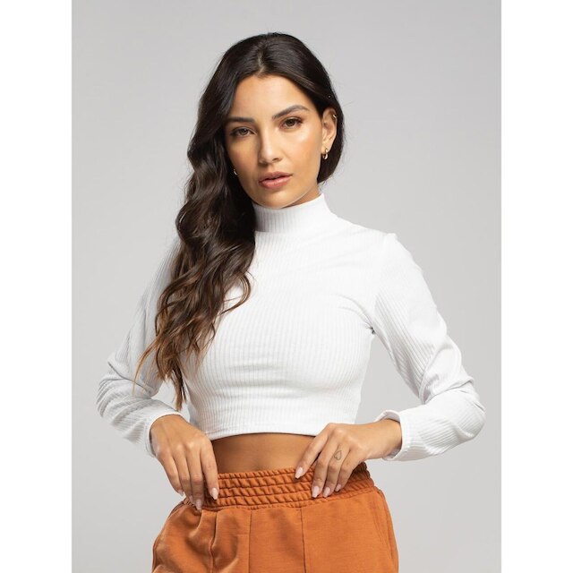 Cropped Canelado Manga Longa Gola Alta Blusa Feminina