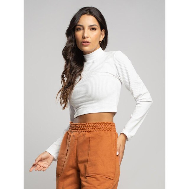 Cropped Canelado Manga Longa Gola Alta Blusa Feminina