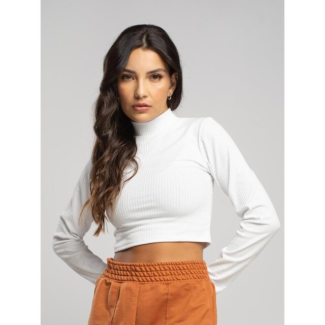 Cropped Canelado Manga Longa Gola Alta Blusa Feminina