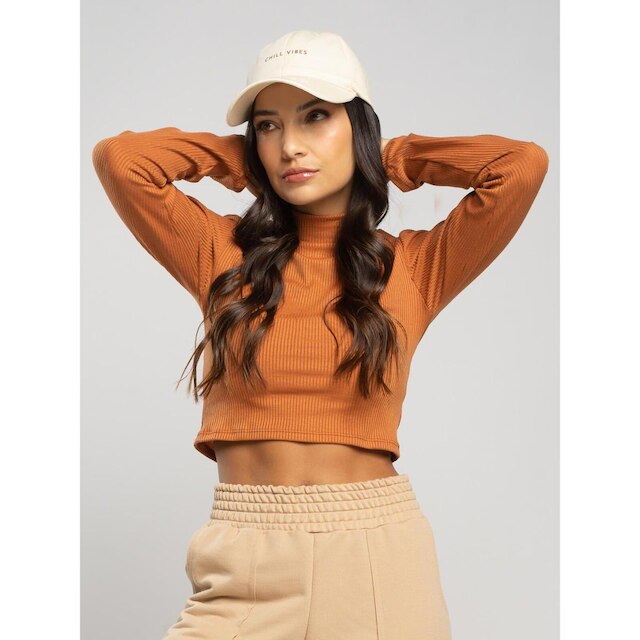 Cropped Canelado Manga Longa Gola Alta Blusa Feminina
