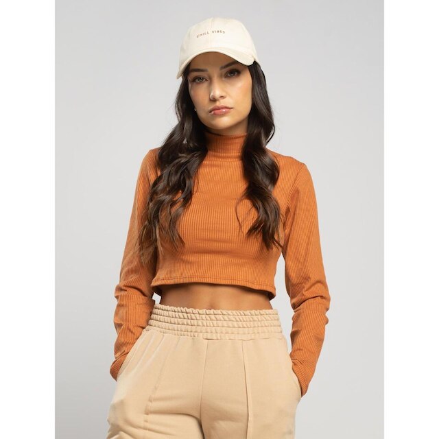 Cropped Canelado Manga Longa Gola Alta Blusa Feminina