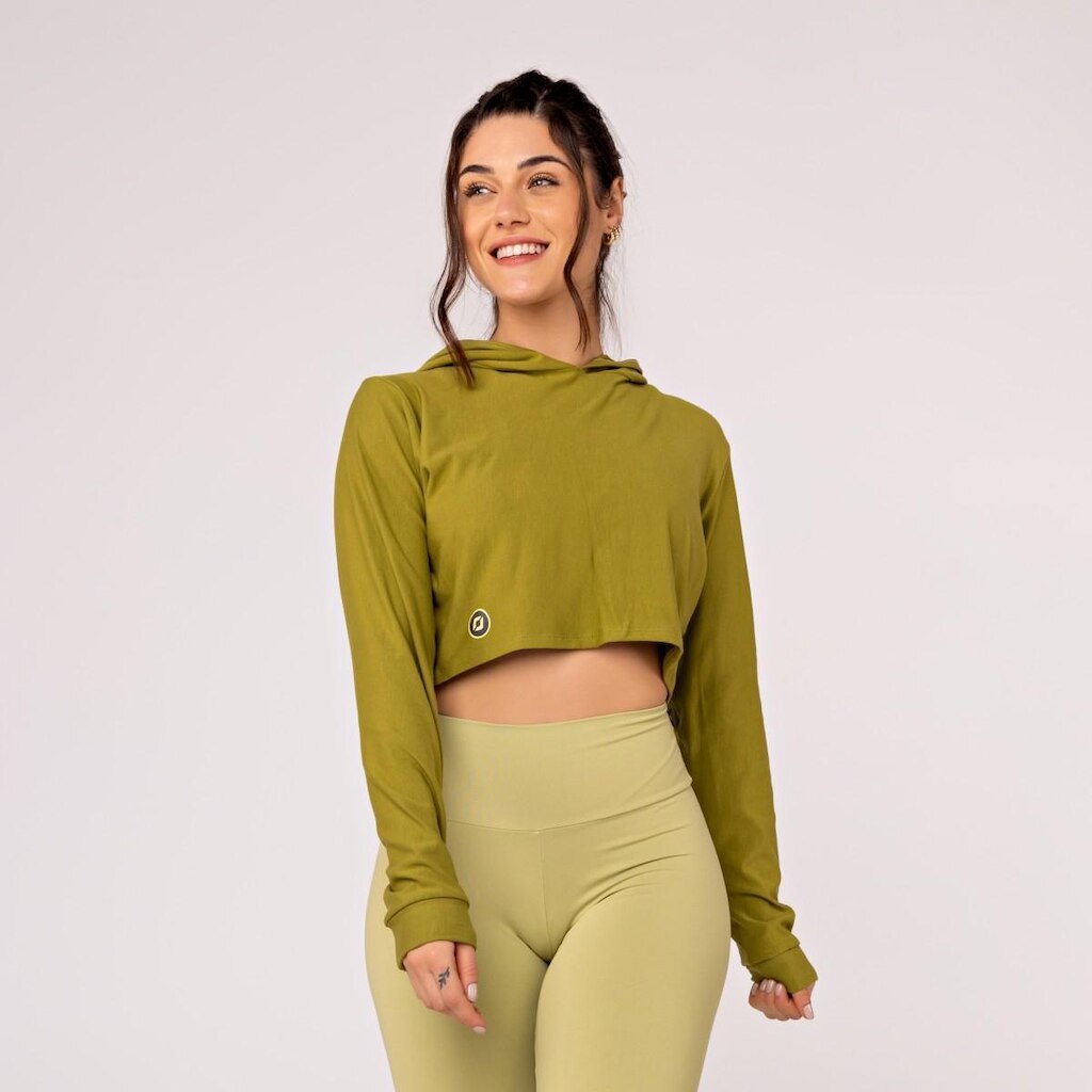 Cropped Feminino Curto de Moletinho com Capuz e Manga Longa