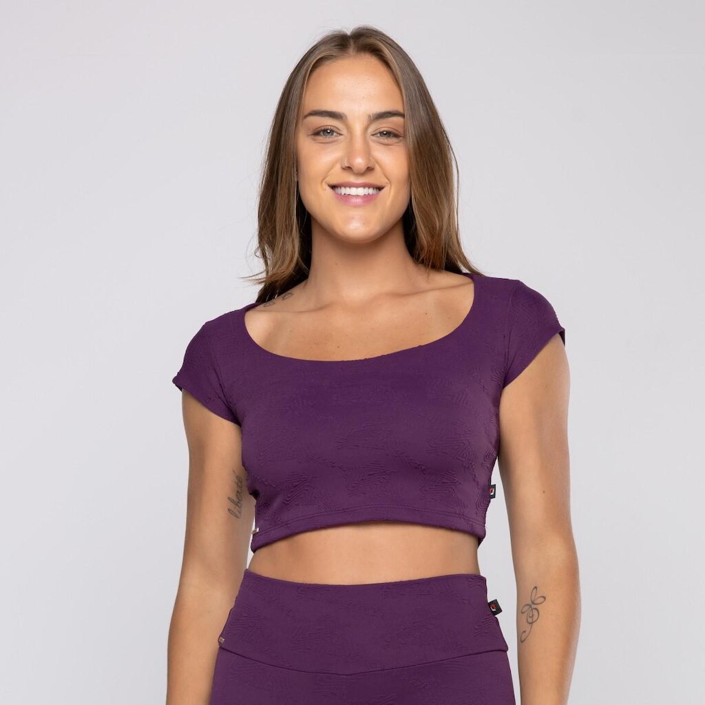 Cropped Fitness Feminino Decote Princesa Tecido textura Bojo