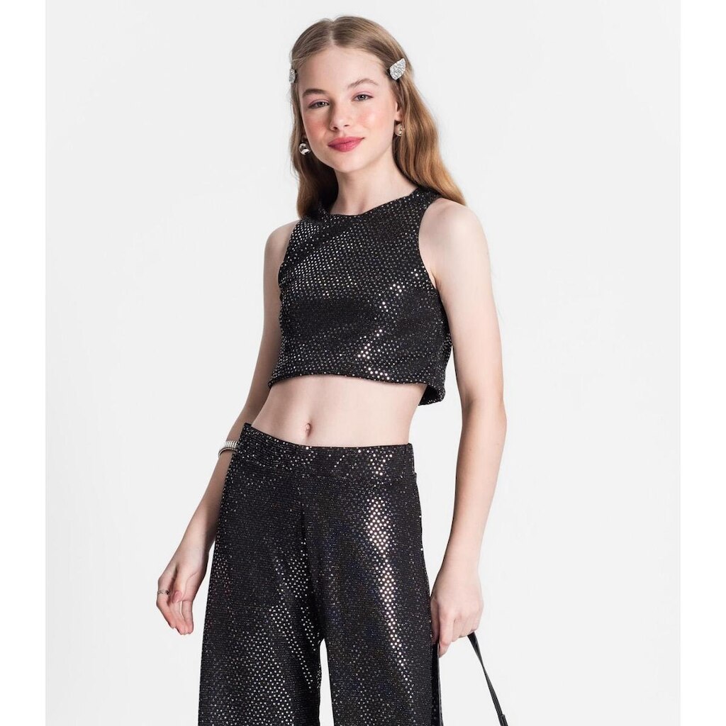 Cropped Juvenil Feminino Em Lantejoula Minty Preto