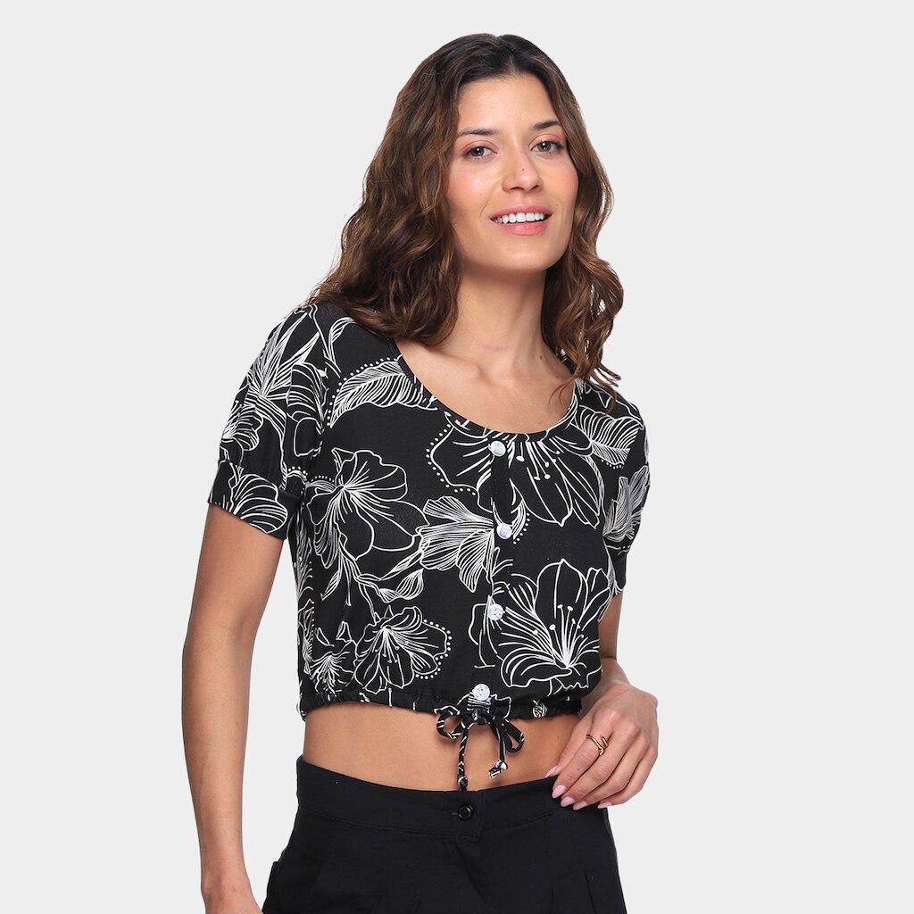 Cropped Lecimar Estampado com Botões Feminino