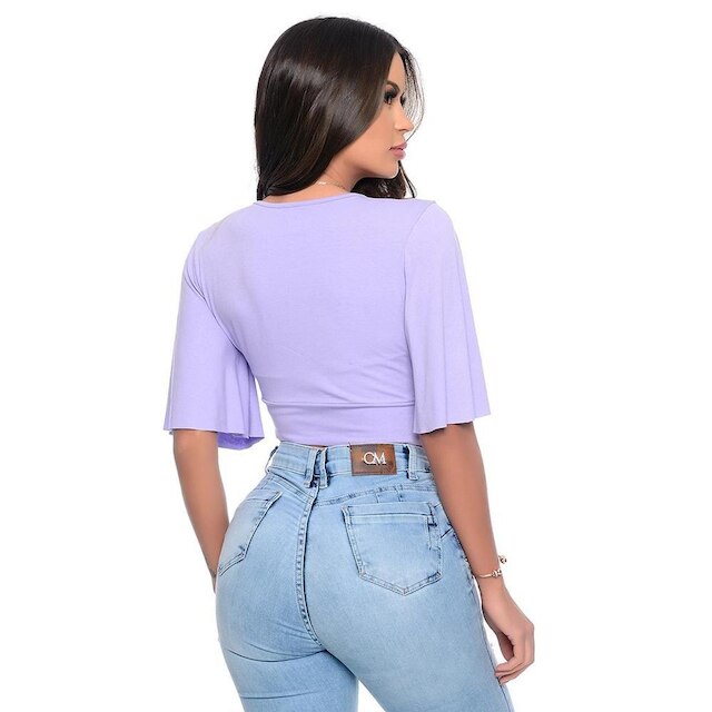 Cropped Manga Flare 3/4 Decote V BBonnie Fiore Lilas