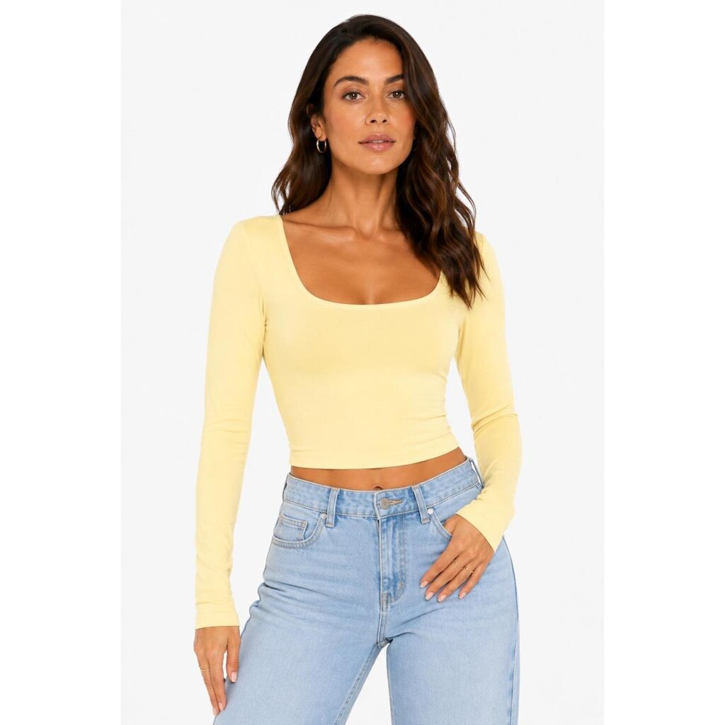 Cropped Manga Longa D Bell Outlet Fashion Decote Quadrado Amarelo Manteiga