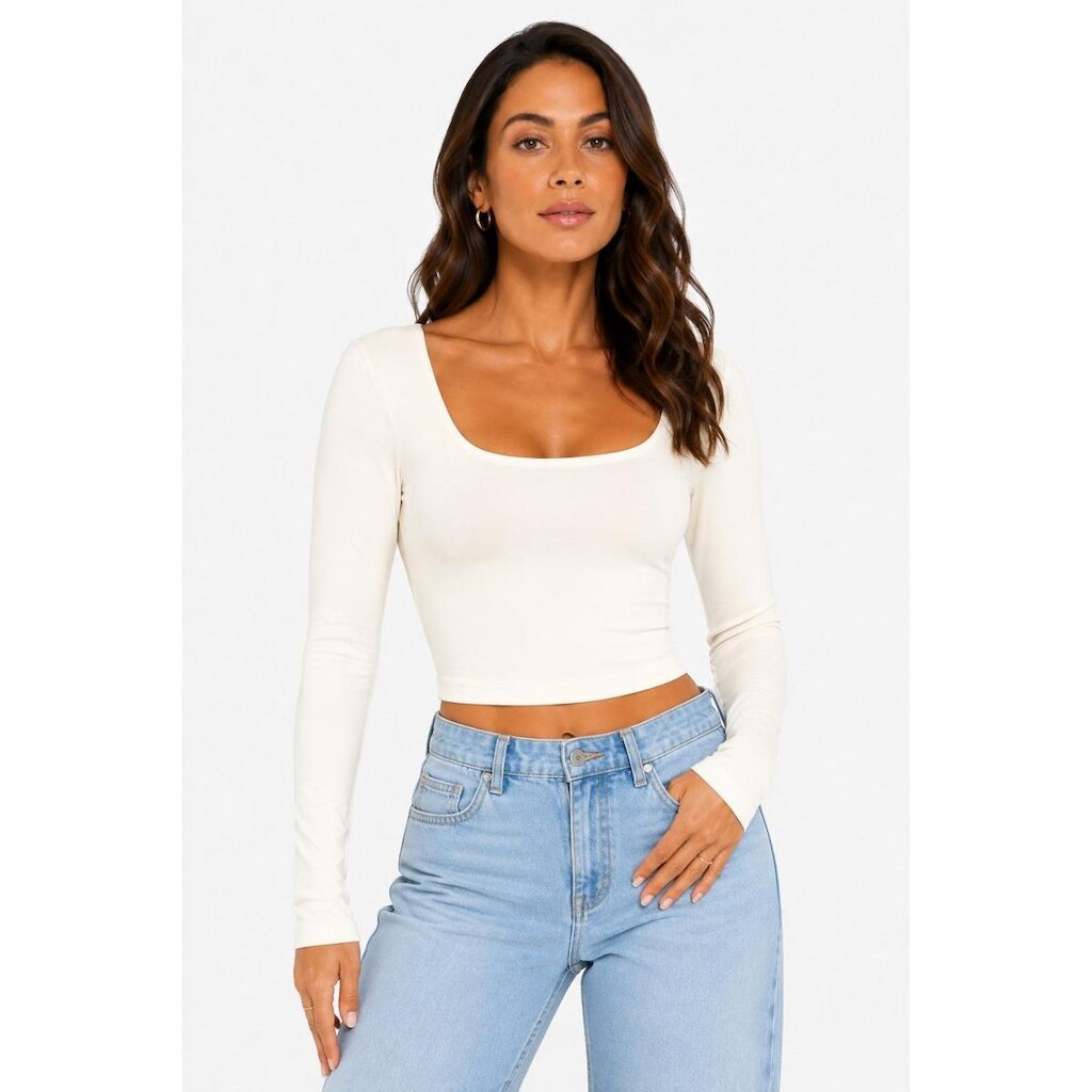 Cropped Manga Longa D Bell Outlet Fashion Decote Quadrado OffWhite