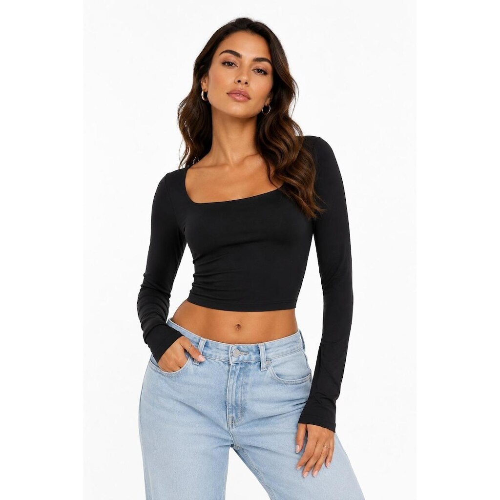 Cropped Manga Longa D Bell Outlet Fashion Decote Quadrado Preto