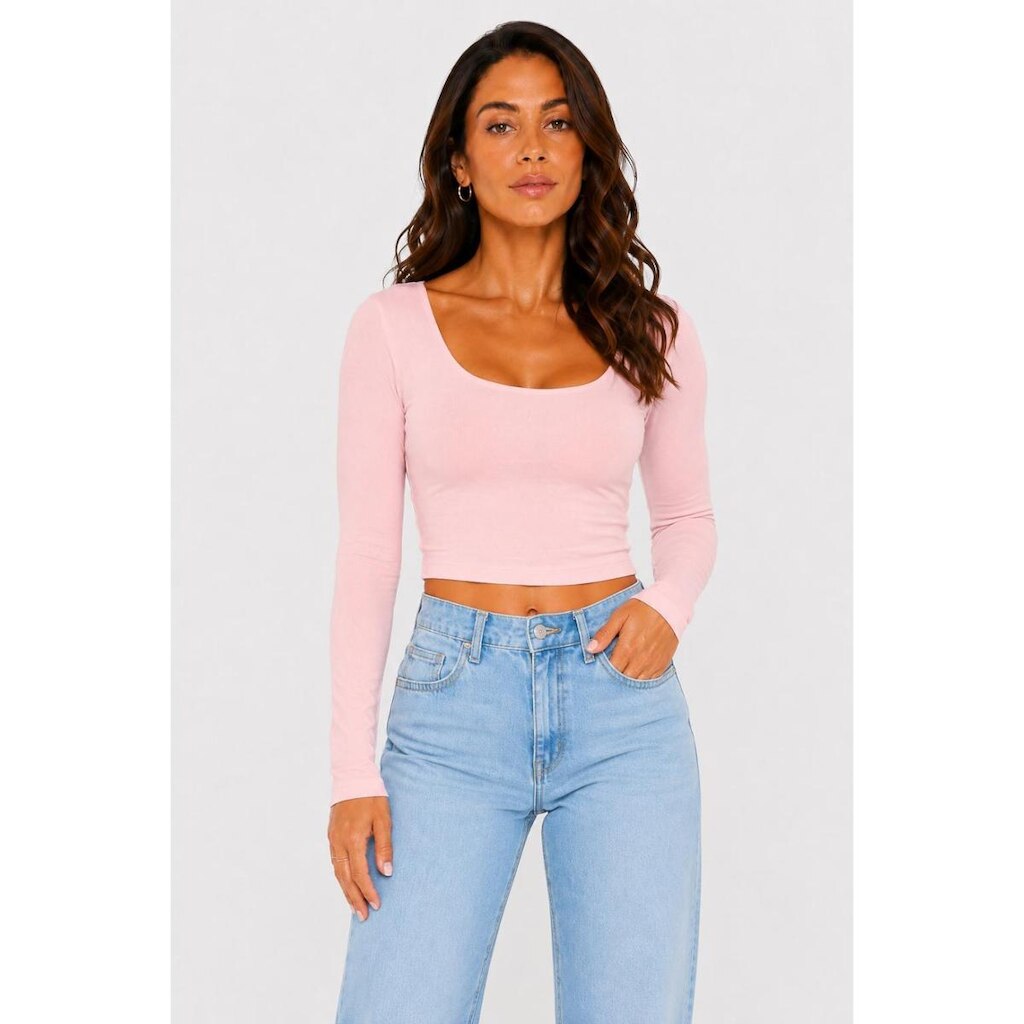 Cropped Manga Longa D Bell Outlet Fashion Decote Quadrado Rosa Claro