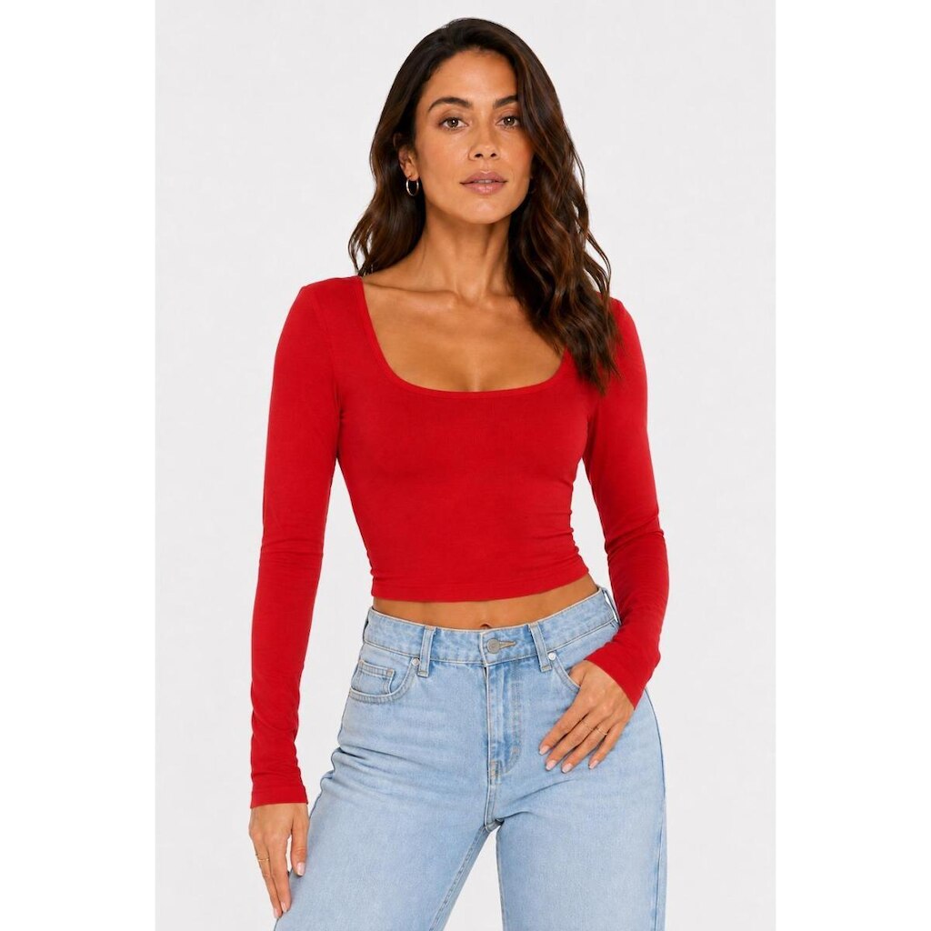 Cropped Manga Longa D Bell Outlet Fashion Decote Quadrado Vermelho