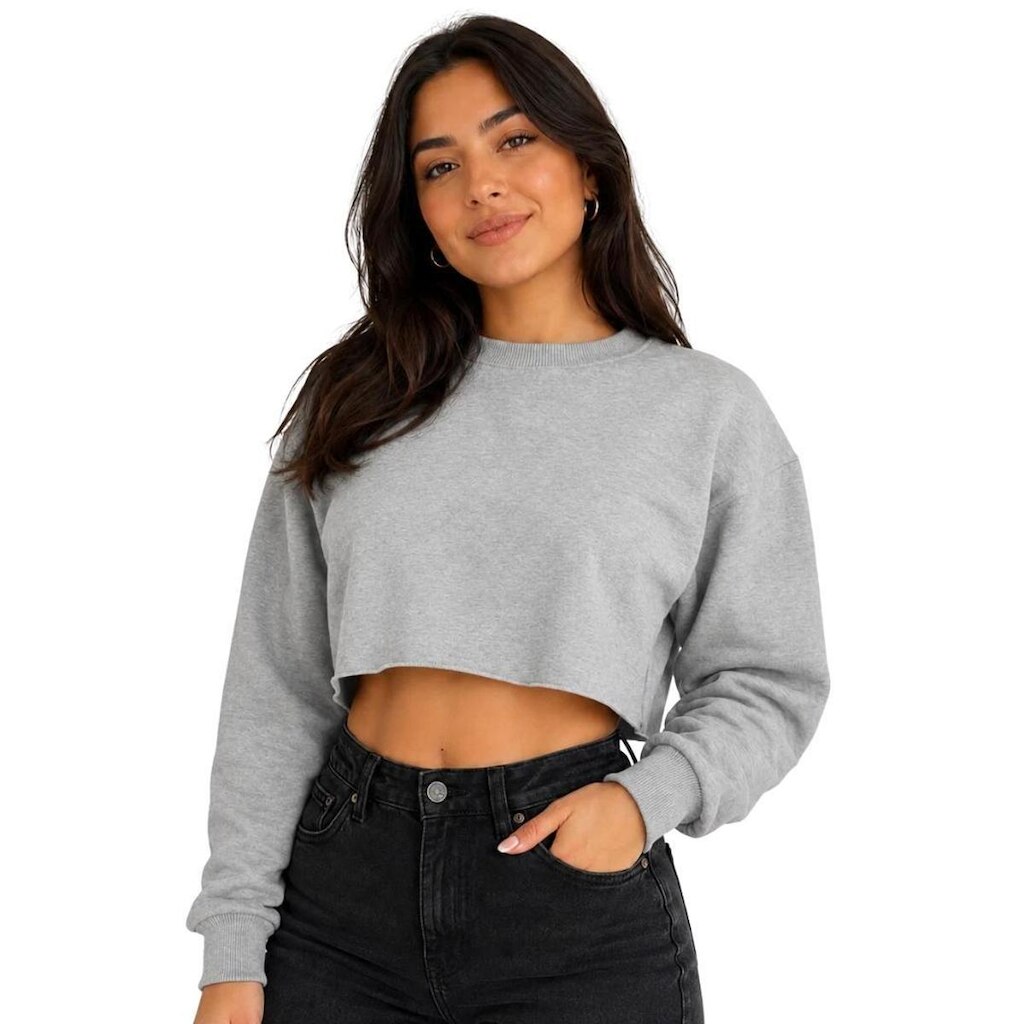 Cropped Moletom Feminino Liso Básico com Barra Desfiada Estilo Destroyed