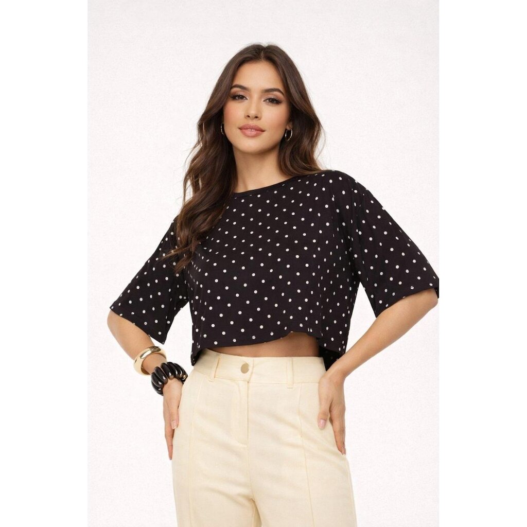 Cropped Oversize D Bell Outlet Fashion Estampado Poá Preto