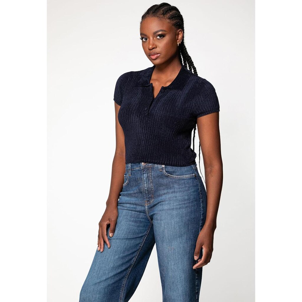 Cropped Polo Tricot Chenille Azul Marinho