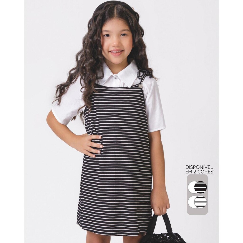Cropped polo vestido menina fresco verão estiloso leve - Preto e Branco - Menina 4 a 14 anos