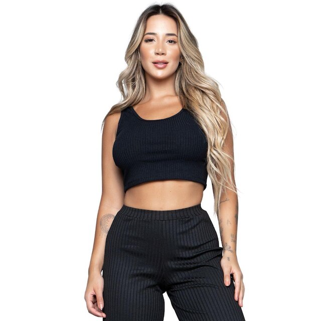 Cropped Regata Canelado Serra e Mar Modas Sem Mangas Blogueira Moda Casual