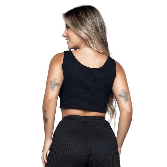 Cropped Regata Canelado Serra e Mar Modas Sem Mangas Blogueira Moda Casual