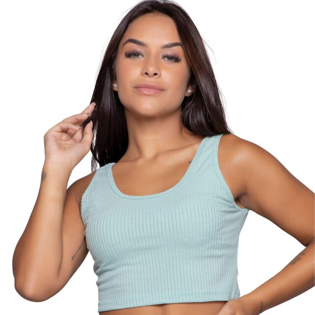 Cropped Regata Canelado Serra e Mar Modas Sem Mangas Blogueira Moda Casual