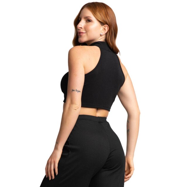 Cropped Regata Crepe Serra e Mar Modas Gola Alta Verão Moda Casual Feminino