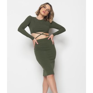 Cropped Salvatore Fashion Manga Longa Tiras Malha Canelada Feminino