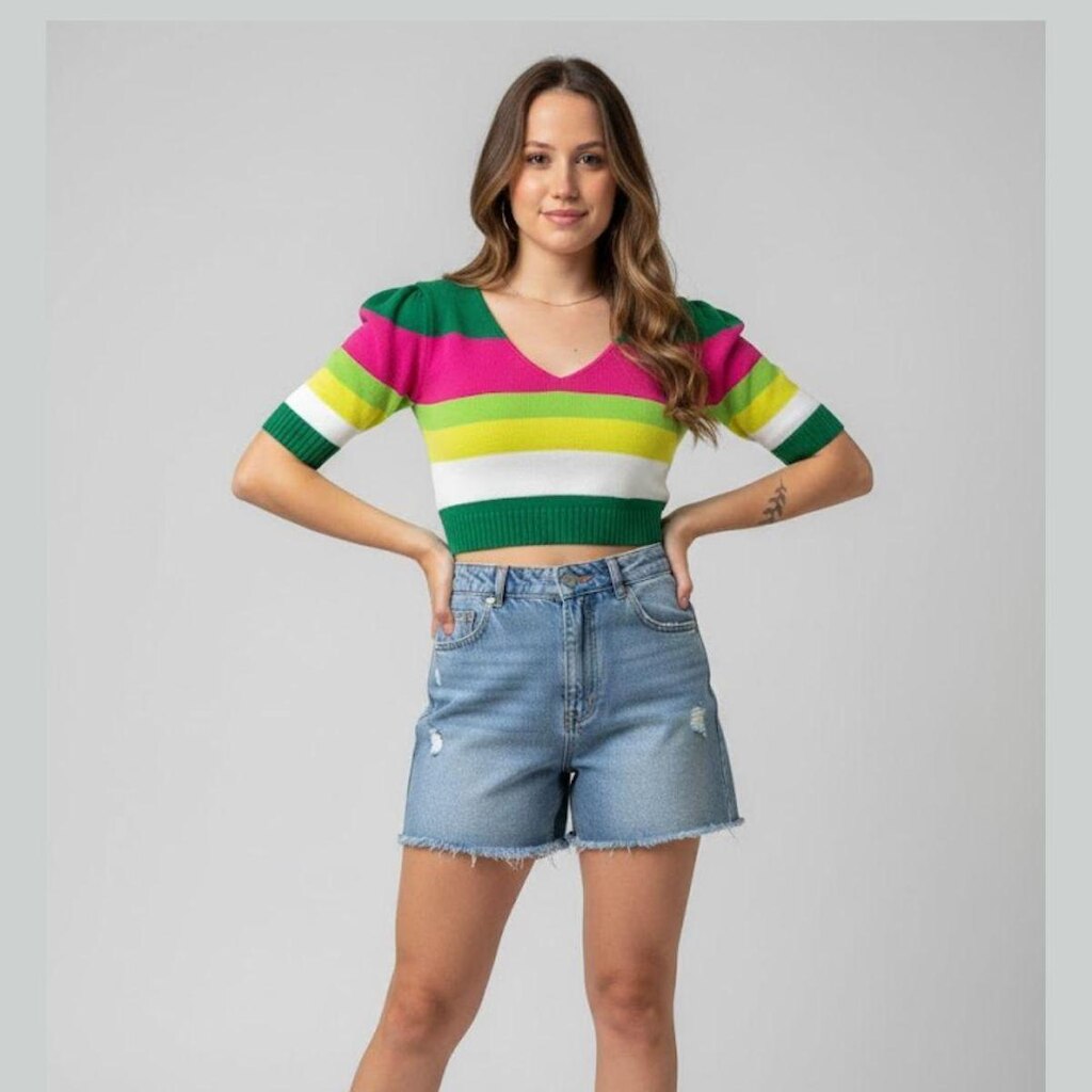 Cropped Tricot Modal Manga Curta Listras