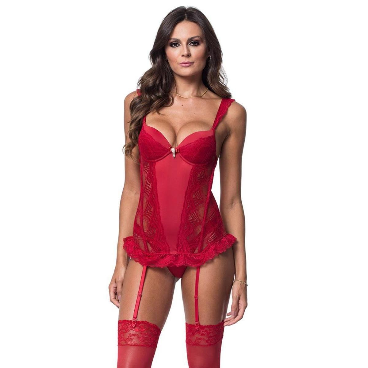 Espartilho em Microfibra e Renda com Meia 7/8 Moda de Baixo - VC5034 - Vermelho Menor preço em Espartilho em Microfibra e Renda com Meia 7/8 Moda de Baixo - VC5034 - Vermelho