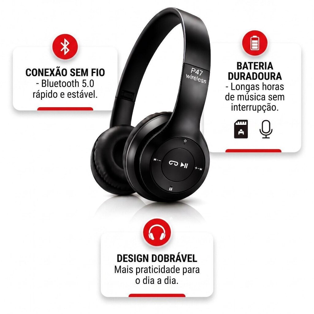 Fone De Ouvido Sem Fio Bluetooth P47 Dobrável Headphone Com Microfone