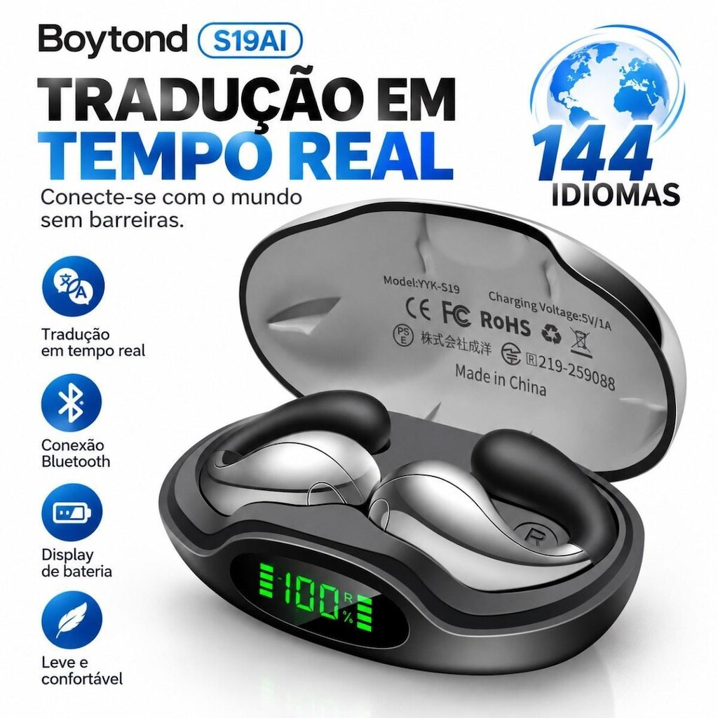 Fone De Ouvido Tradutor Boytond S19AI Bluetooth 144 Idiomas Real