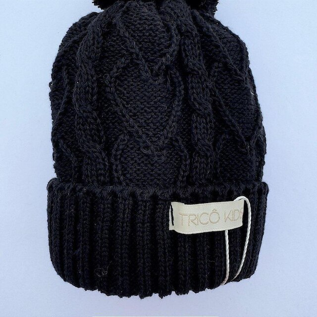 Gorro de Tricô Para Meninas Com Pompom Preto