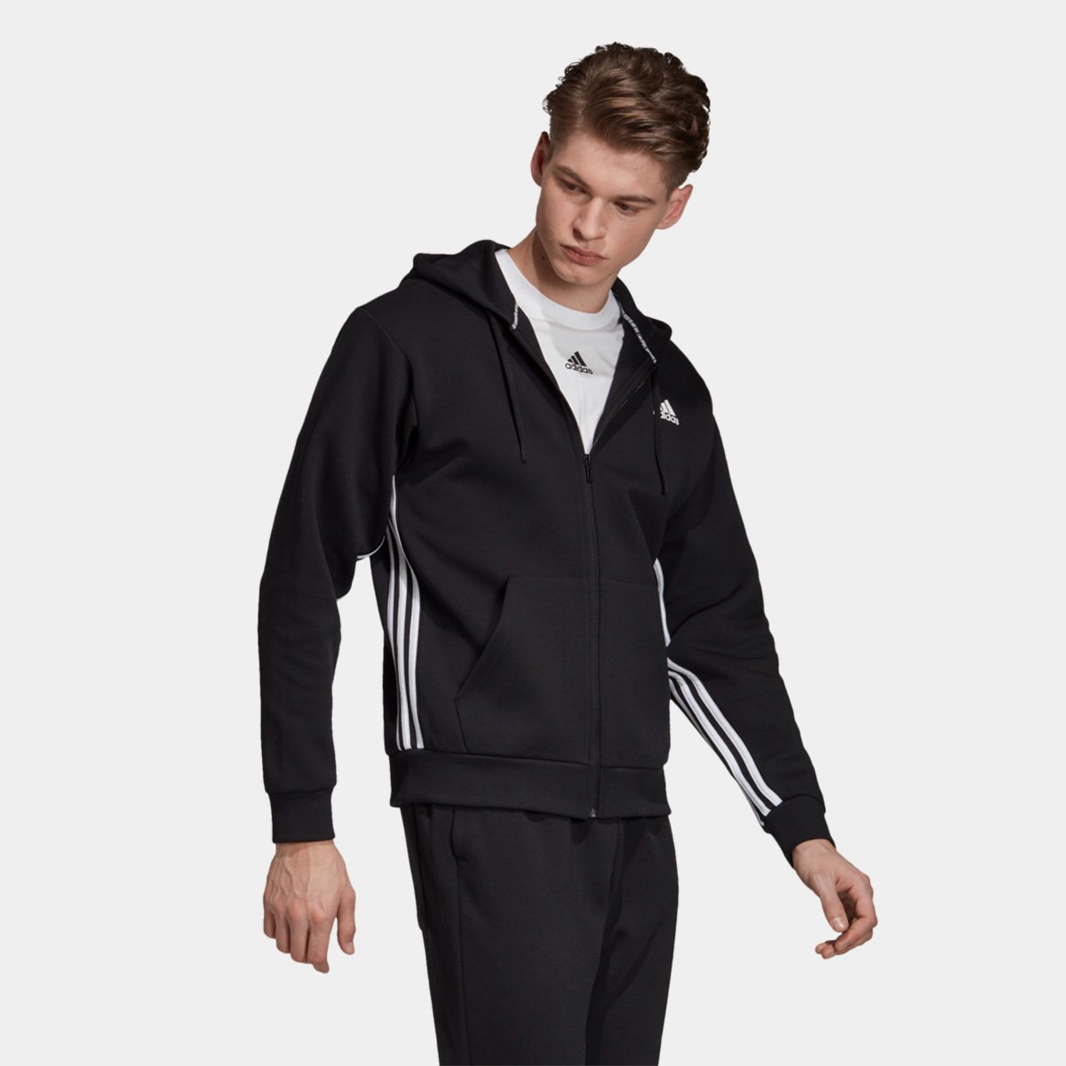 Jaqueta Adidas MH 3S FZ Masculina - Preto+Branco Menor preço em Jaqueta Adidas MH 3S FZ Masculina - Preto+Branco
