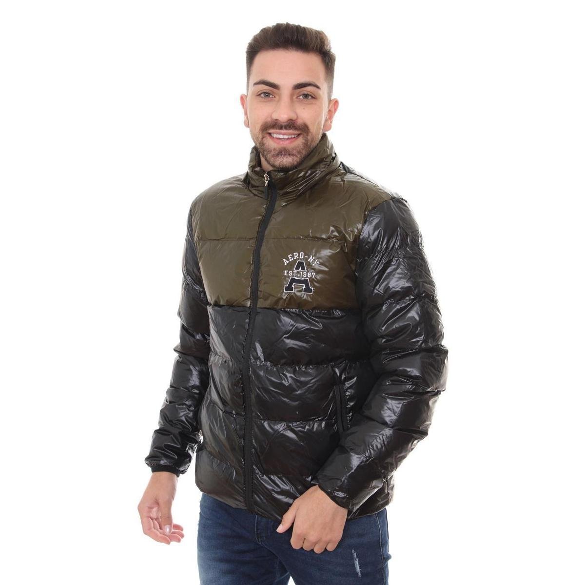 Jaqueta Aeropostale Masculina Puffer Hoodie Full-Zip Aero-NY 87 Verde e Preta - Preto Menor preço em Jaqueta Aeropostale Masculina Puffer Hoodie Full-Zip Aero-NY 87 Verde e Preta - Preto