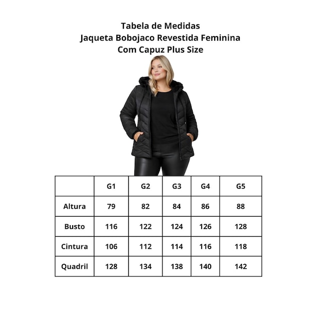 Jaqueta Bobojaco Revestida Feminina C/Capuz Plus Size Preto