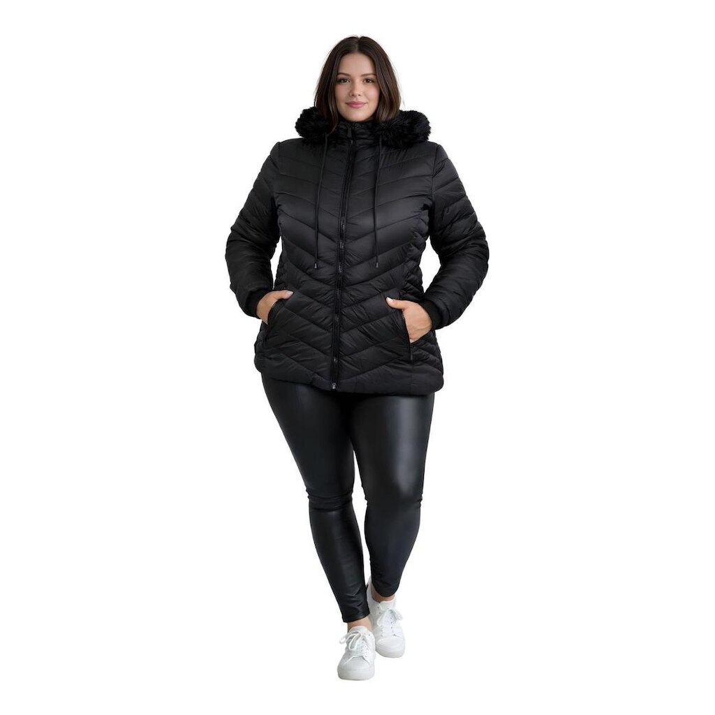 Jaqueta Bobojaco Revestida Feminina Com Capuz Plus Size Preto