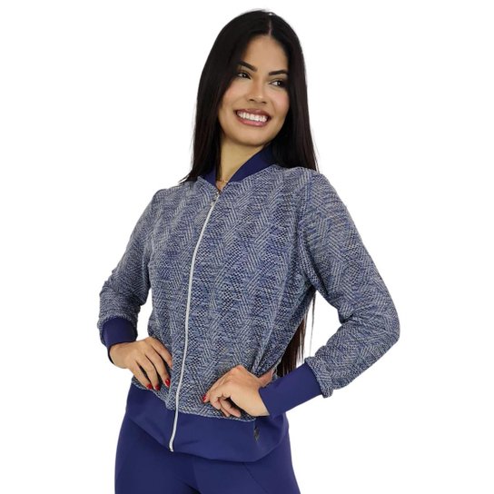Jaqueta Bomber Feminina em Renda com Ziper Azul Marinho - Azul