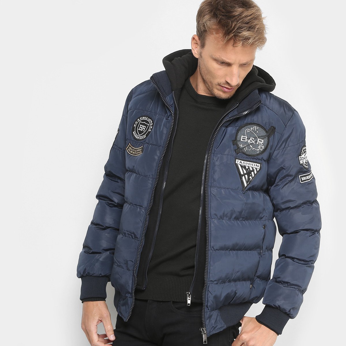 Jaqueta Broken Rules com Patch e Capuz de Moletom Masculina - Marinho Menor preço em Jaqueta Broken Rules com Patch e Capuz de Moletom Masculina - Marinho