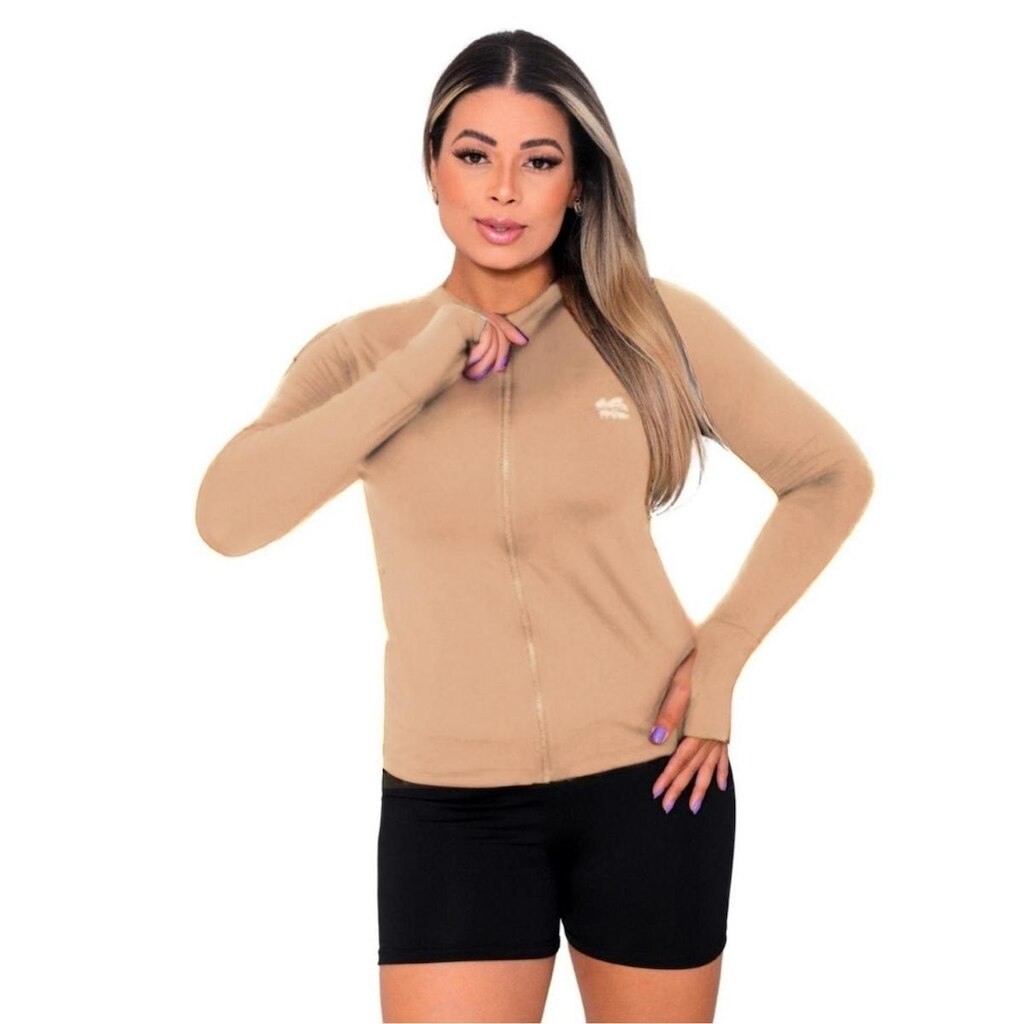 Jaqueta Casaco Feminino UV Com Ziper Proteção FPU50+ Bege