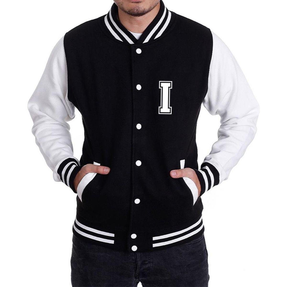 Jaqueta College Masculina Universitária Americana - Letra I - Preto Menor preço em Jaqueta College Masculina Universitária Americana - Letra I - Preto