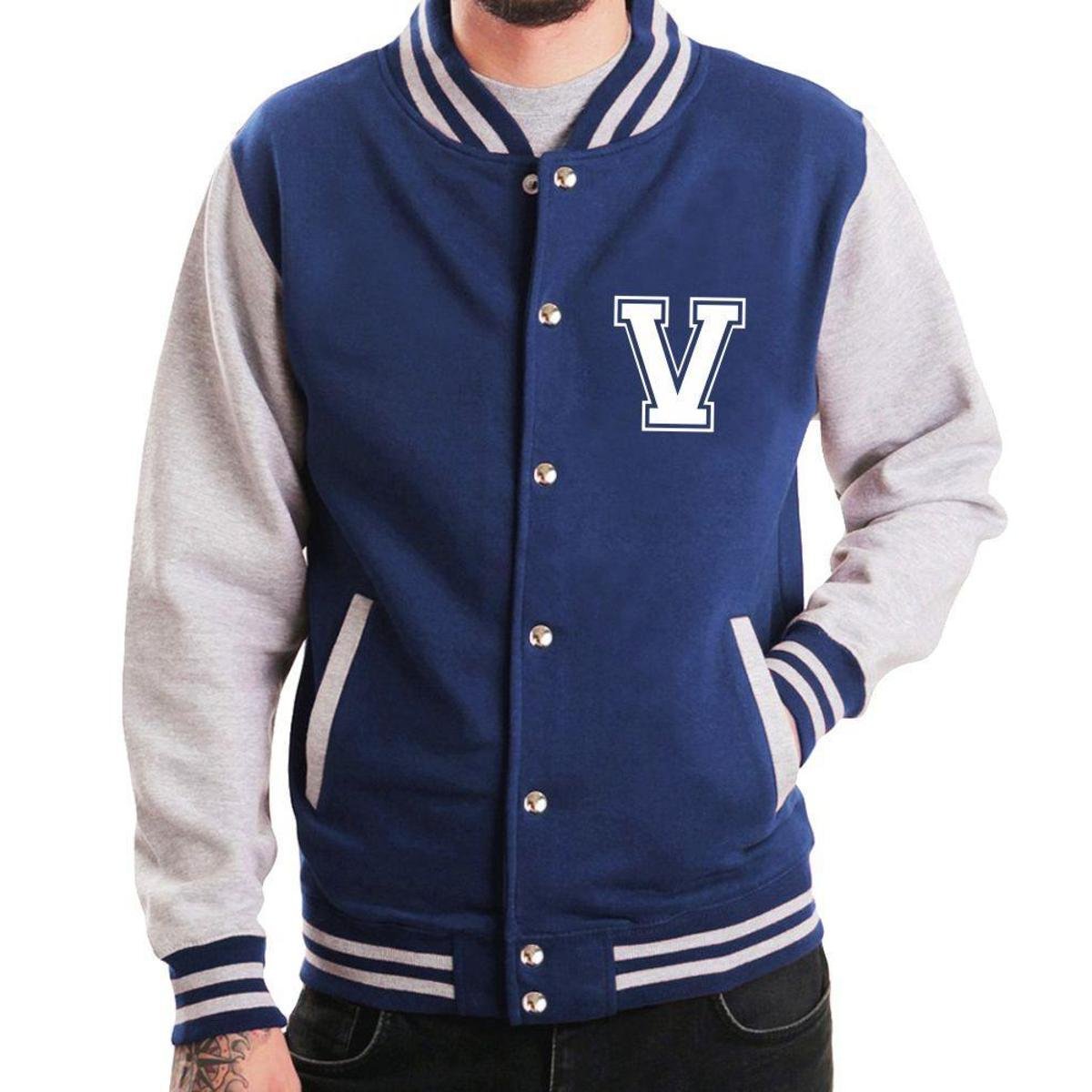 Menor preço em Jaqueta College Masculina Universitária Americana - Letra V - Azul Escuro