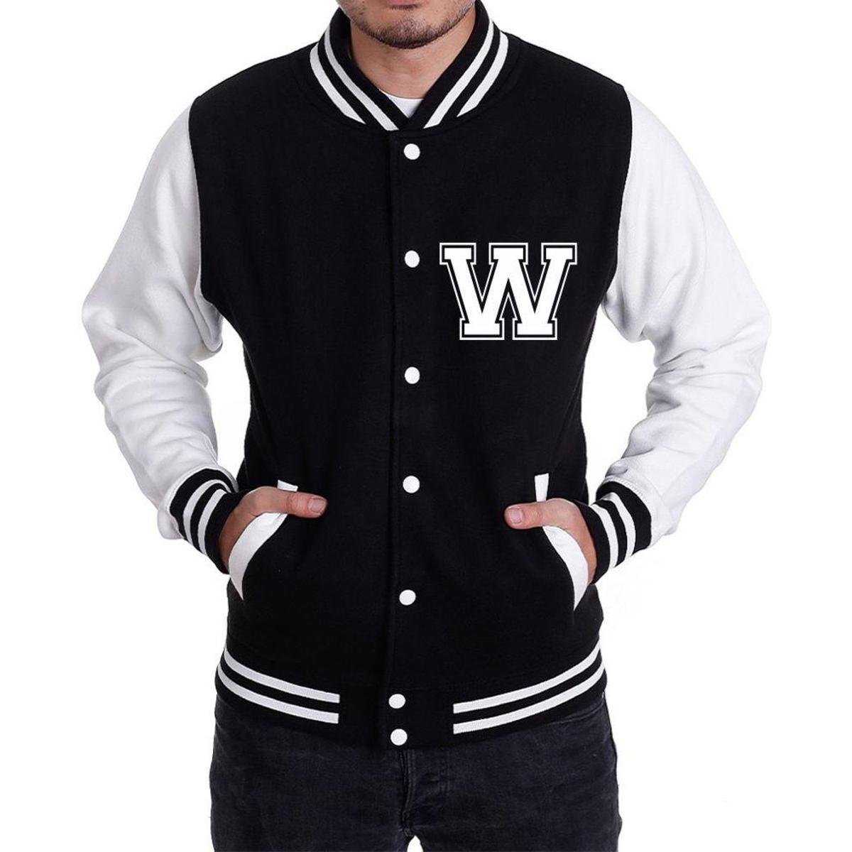 Jaqueta College Masculina Universitária Americana - Letra W - Preto Menor preço em Jaqueta College Masculina Universitária Americana - Letra W - Preto