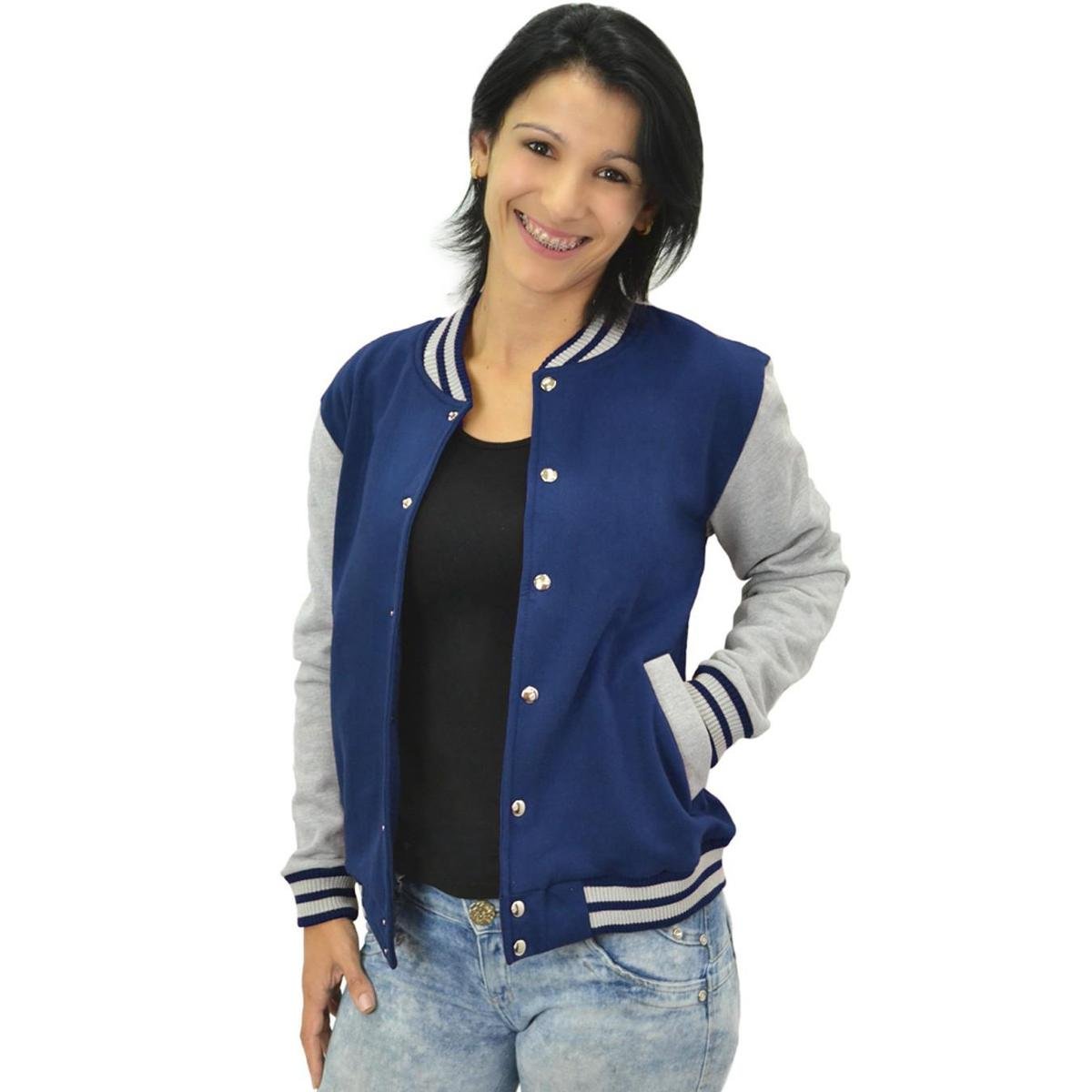 Jaqueta College Moletom Feminina Casaco Colegial - Azul Escuro Menor preço em Jaqueta College Moletom Feminina Casaco Colegial - Azul Escuro