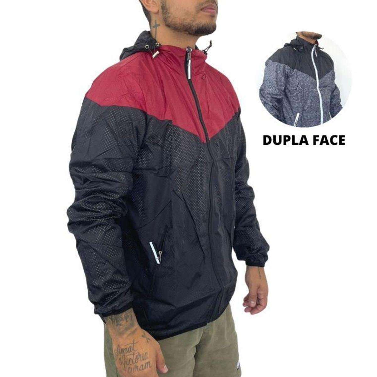Jaqueta Corta Vento Blusa Impermeável Dupla Face 2 Lados Capuz Removível - Preto+Vermelho Menor preço em Jaqueta Corta Vento Blusa Impermeável Dupla Face 2 Lados Capuz Removível - Preto+Vermelho