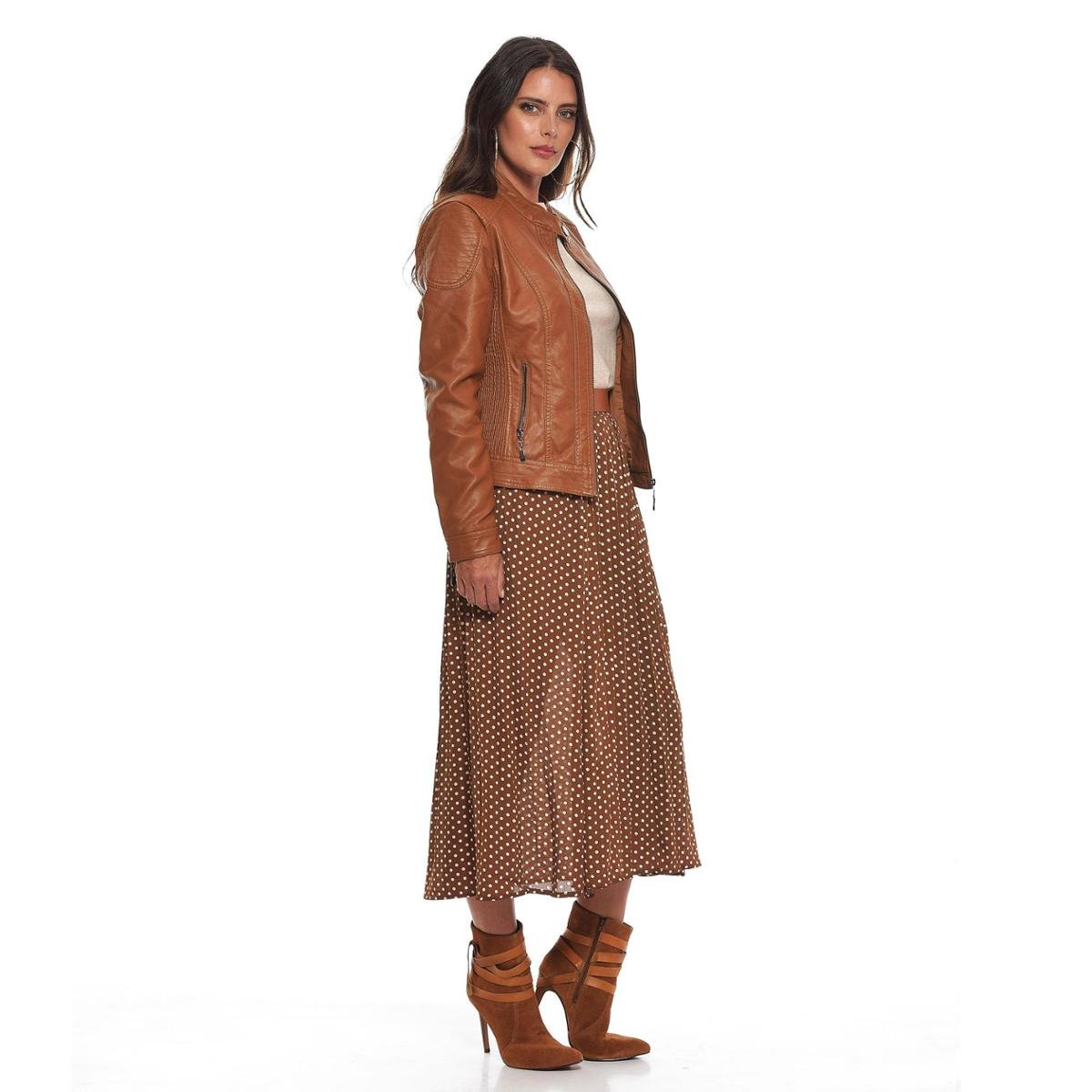 Jaqueta Couro Nino Danieli Sintético com Bolso Feminina - Caramelo Menor preço em Jaqueta Couro Nino Danieli Sintético com Bolso Feminina - Caramelo