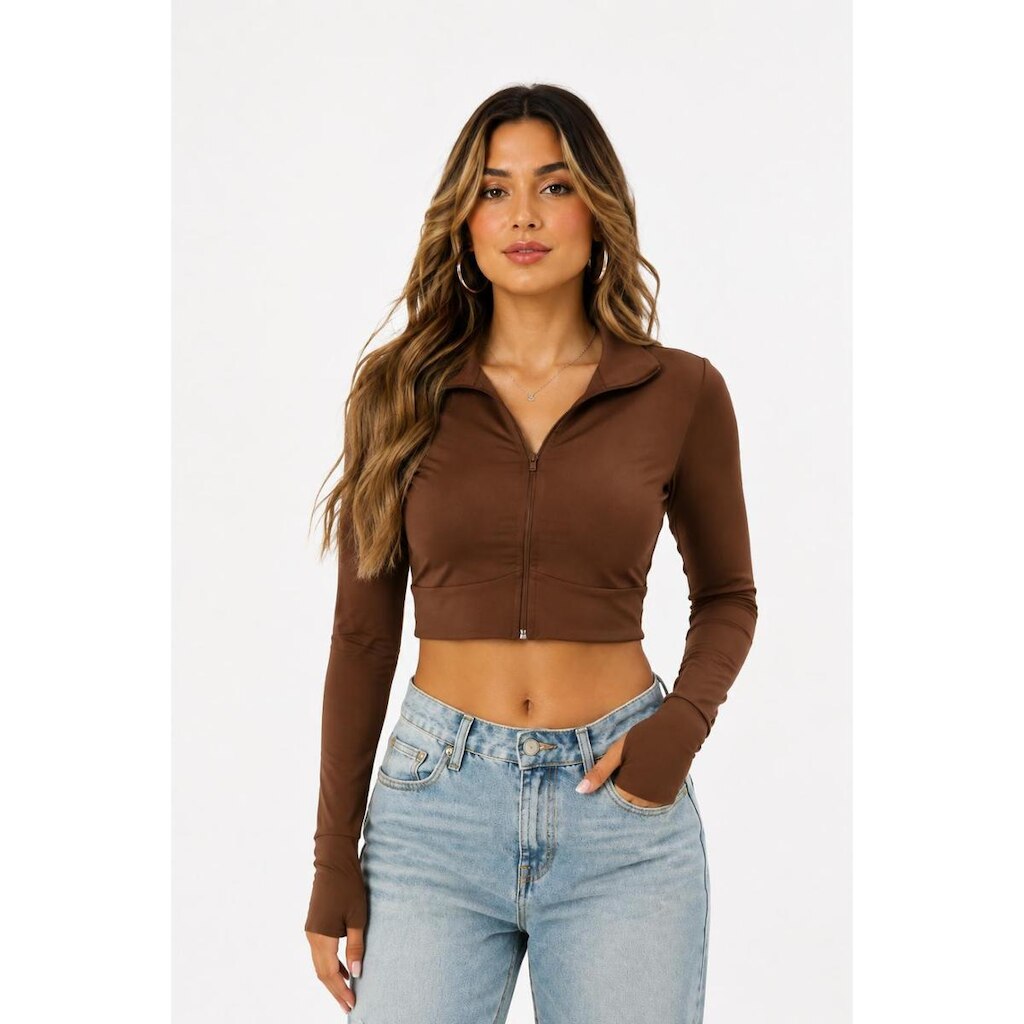 Jaqueta Cropped D Bell Outlet Fashion Performance Marrom