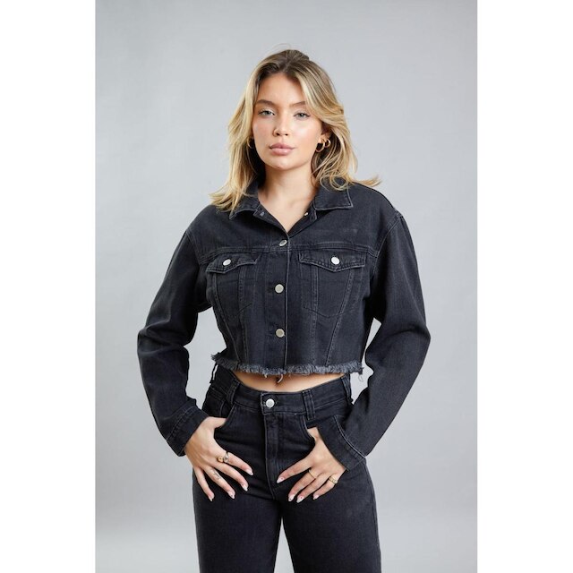 Jaqueta Cropped de Sarja Preta Feminina Lemier Collection