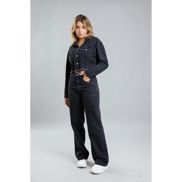 Jaqueta Cropped de Sarja Preta Feminina Lemier Collection