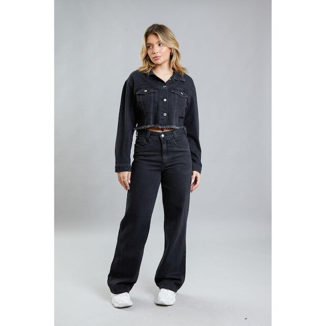 Jaqueta Cropped de Sarja Preta Feminina Lemier Collection