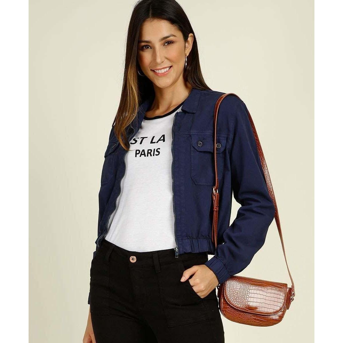 Jaqueta Cropped Feminina Sarja Bolsos Manga Longa - 10045736469 - Azul Menor preço em Jaqueta Cropped Feminina Sarja Bolsos Manga Longa - 10045736469 - Azul